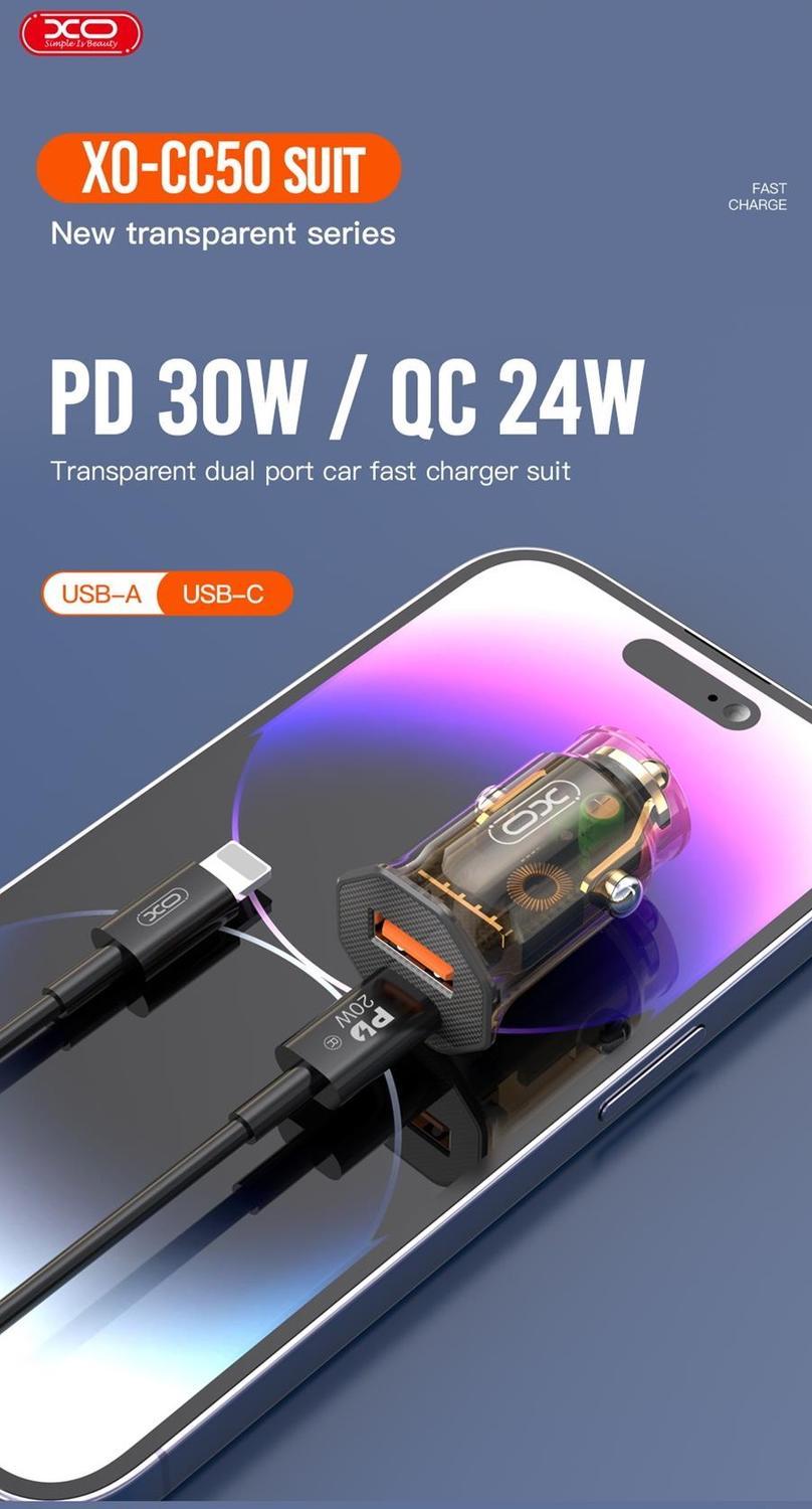 USB-C PD 30W / USB-A QC 24W Snabbladdning Billaddare iPhone/Samsung