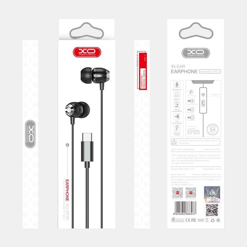 USB-C / TYP-C Kontakt In-Ear Hörlurar med Mikrofon EP25 -Svart