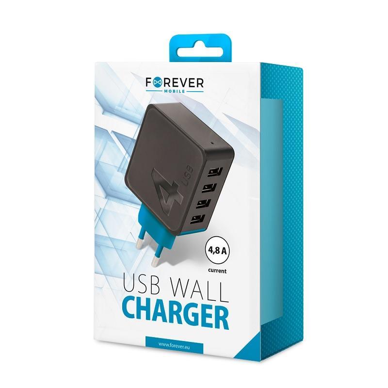 Forever TC-04 USB Väggladdare 4-Port 4.8A – Snabb & Säker Laddning för Flera Enheter