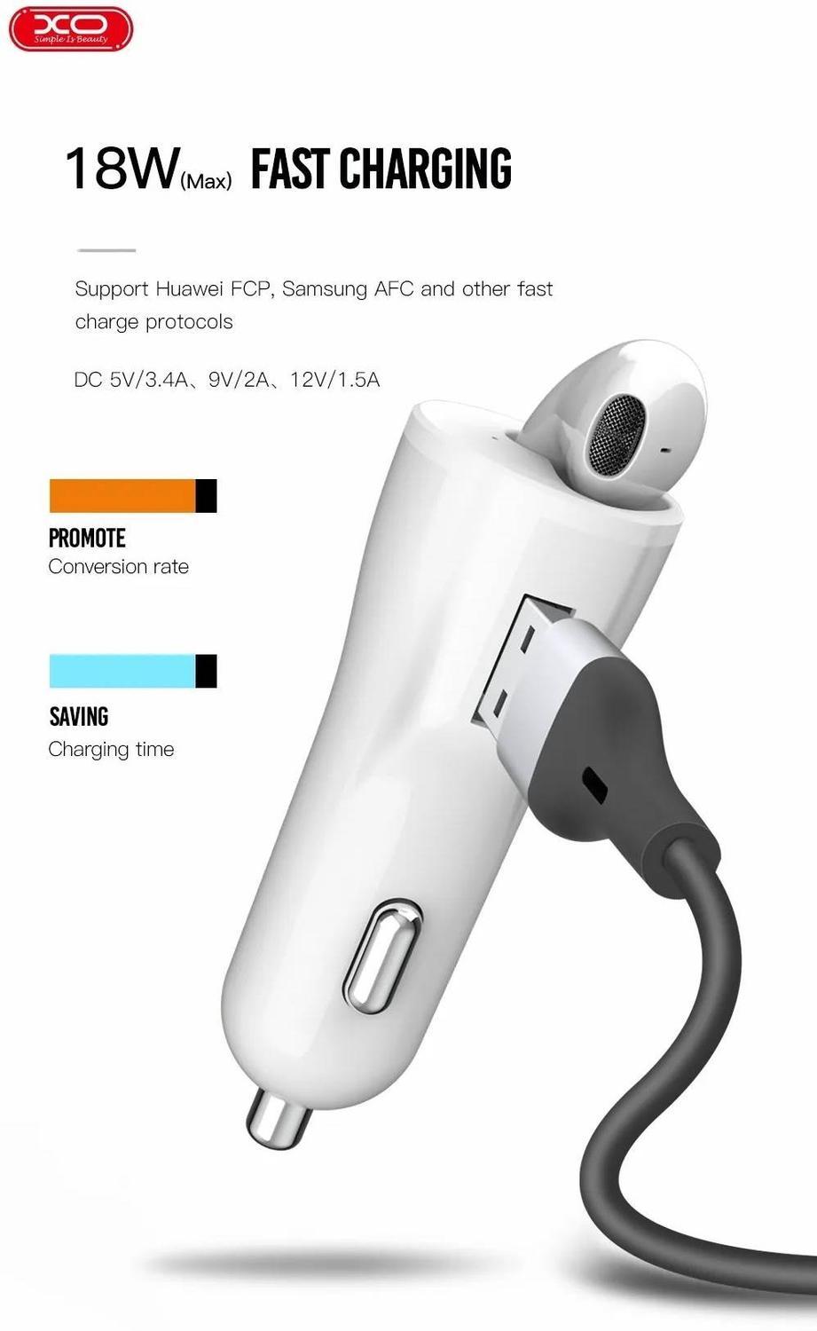 18W Snabb Billaddare med TWS Bluetooth 5.0 Hörlurar - Vit