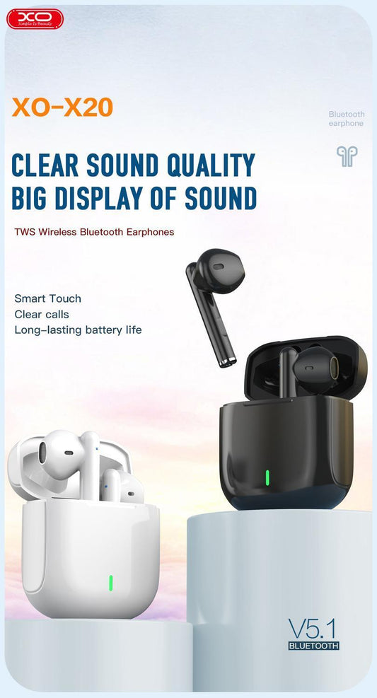 XO X20 TWS Trådlösa Bluetooth 5.1 Hörlurar med Touchkontroll & Laddbox – Vit