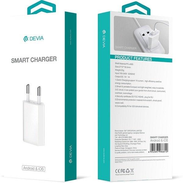 Devia Smart Charger 1A Väggladdare USB – För iPhone, Samsung & Android